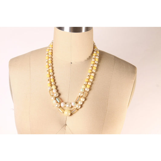 1970s Yellow and Cream Beaded Double Strand Necklace by Japan