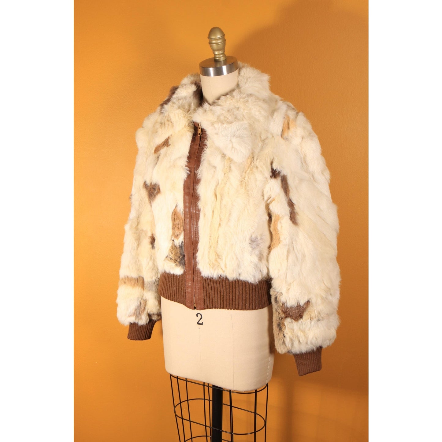 1970s White, Cream, Gray and Brown Multi-Colored Patchwork Rabbit Fur Cropped Coat -S