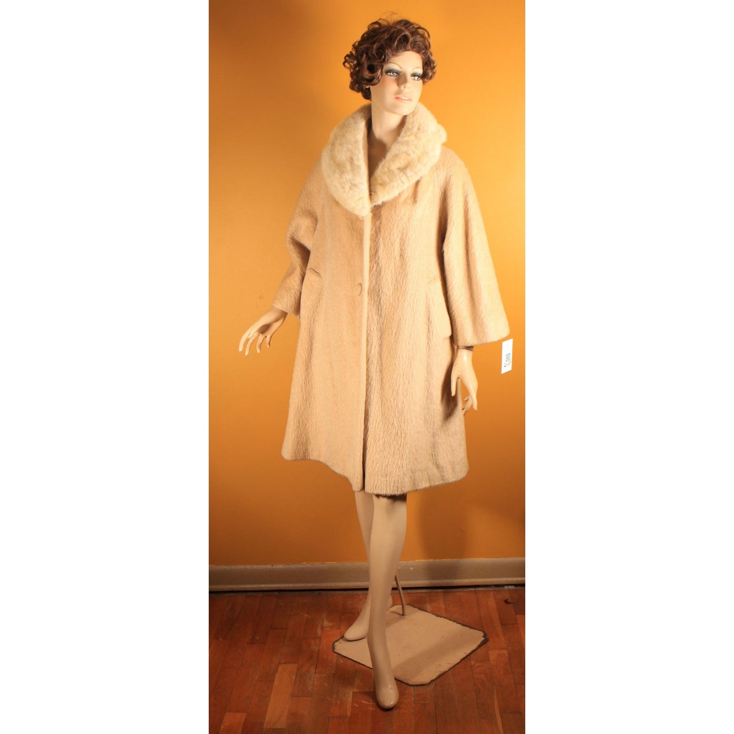 1950s Tan and Cream Bracelet Sleeve Mink Fur Collar Swing Coat by Lilli Ann -M-XL