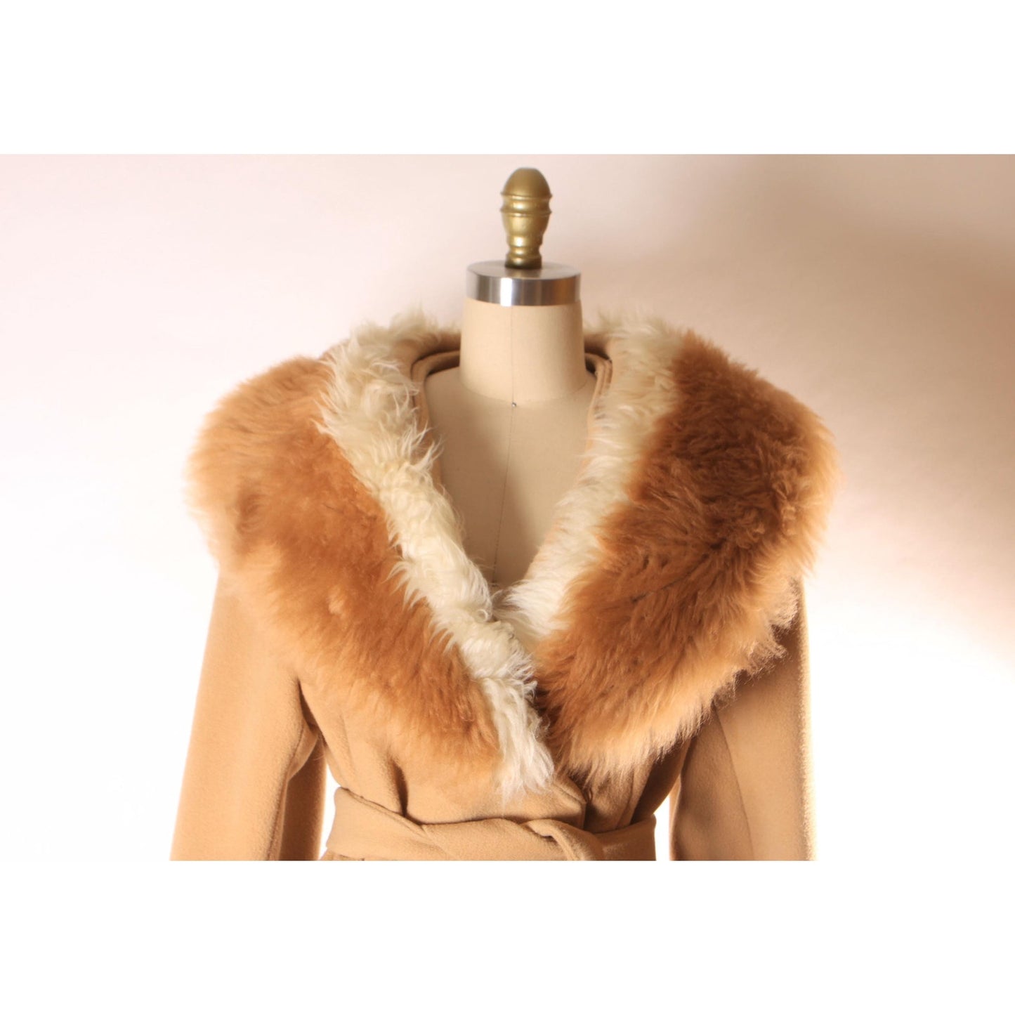 Early 1960s Brown and Cream Shearling Fur Trim Collar and Hem Wrap Princess Coat by Youthcraft