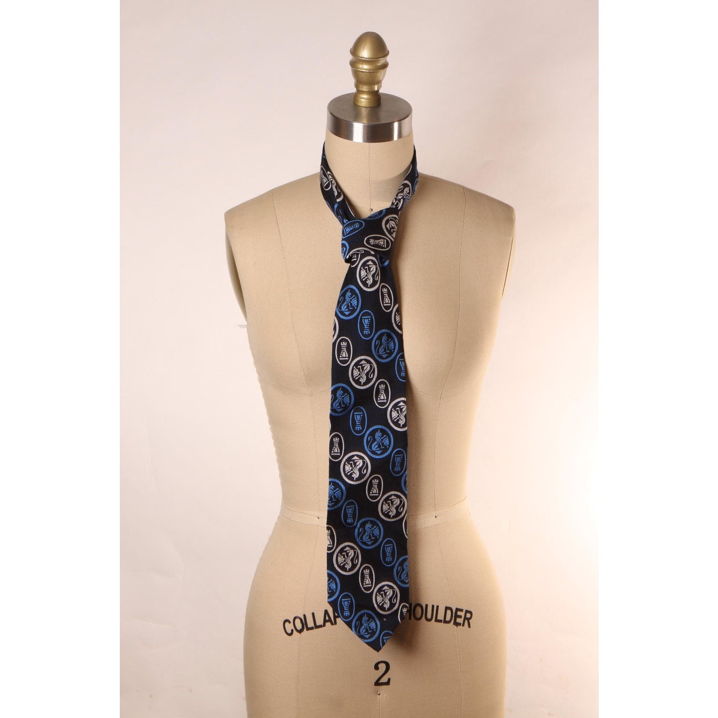 1970s Novelty Knight Chess Navy Blue, Turquoise Blue and White Polyester Wide Necktie Tie by John Blair