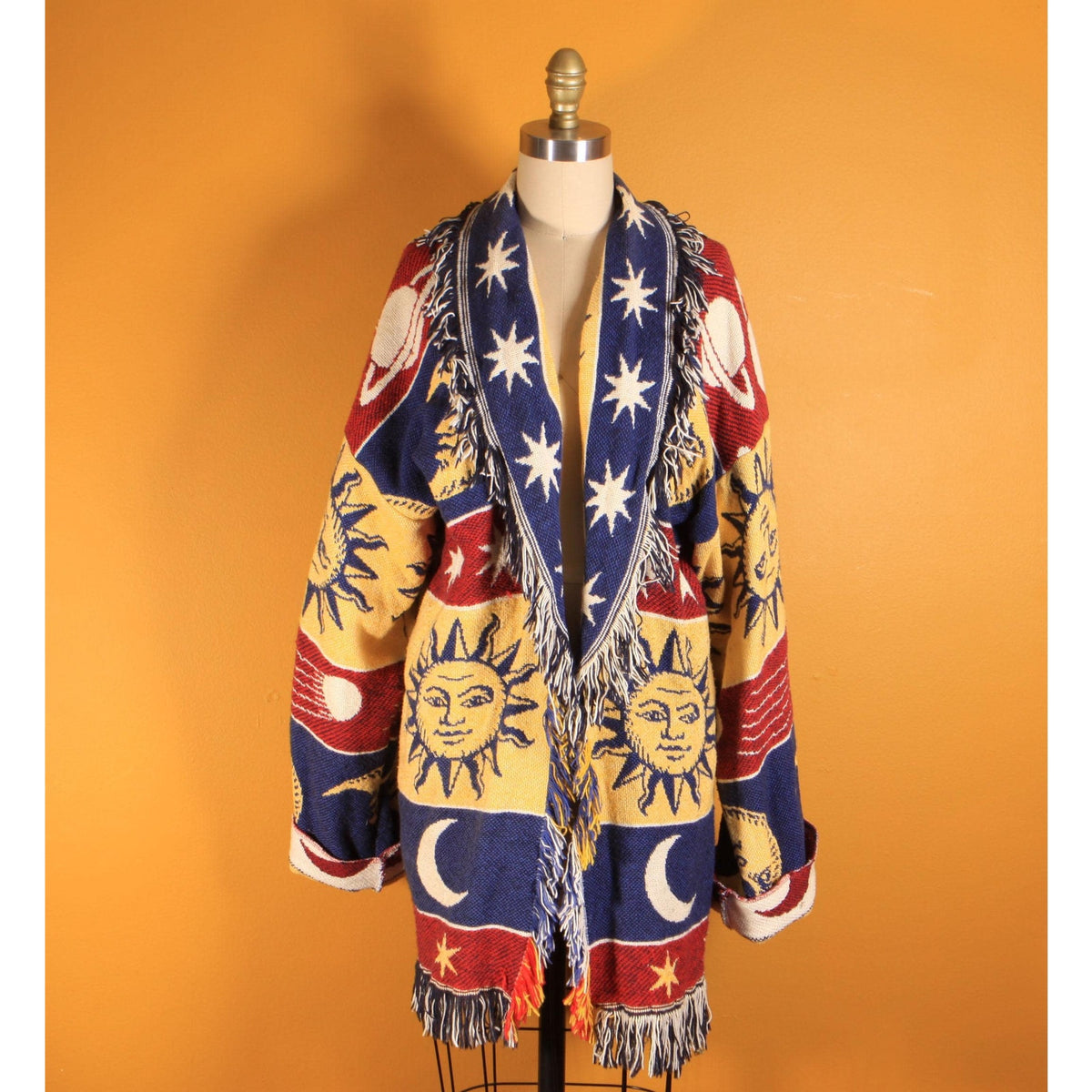 1990s Navy Blue, Yellow, Red and White Novelty Celestial Sun, Moon and Stars Fringe Tapestry Quilt Blanket Jacket Coat -M-XL
