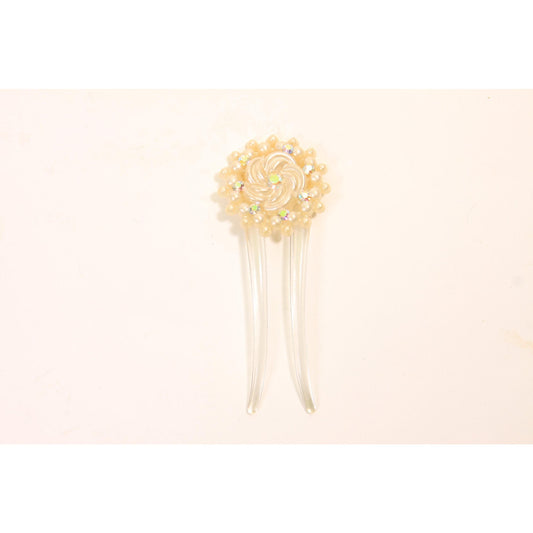 1940s 1950s Cream Rhinestone Floral Circle Hair Comb Fork