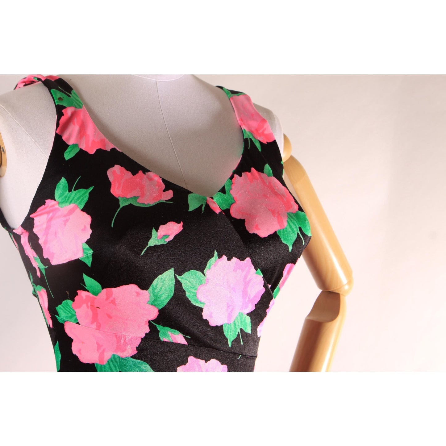 1970s 1980s Black, Pink and Green Floral One Piece Swimsuit by Maxine of Hollywood -M-L