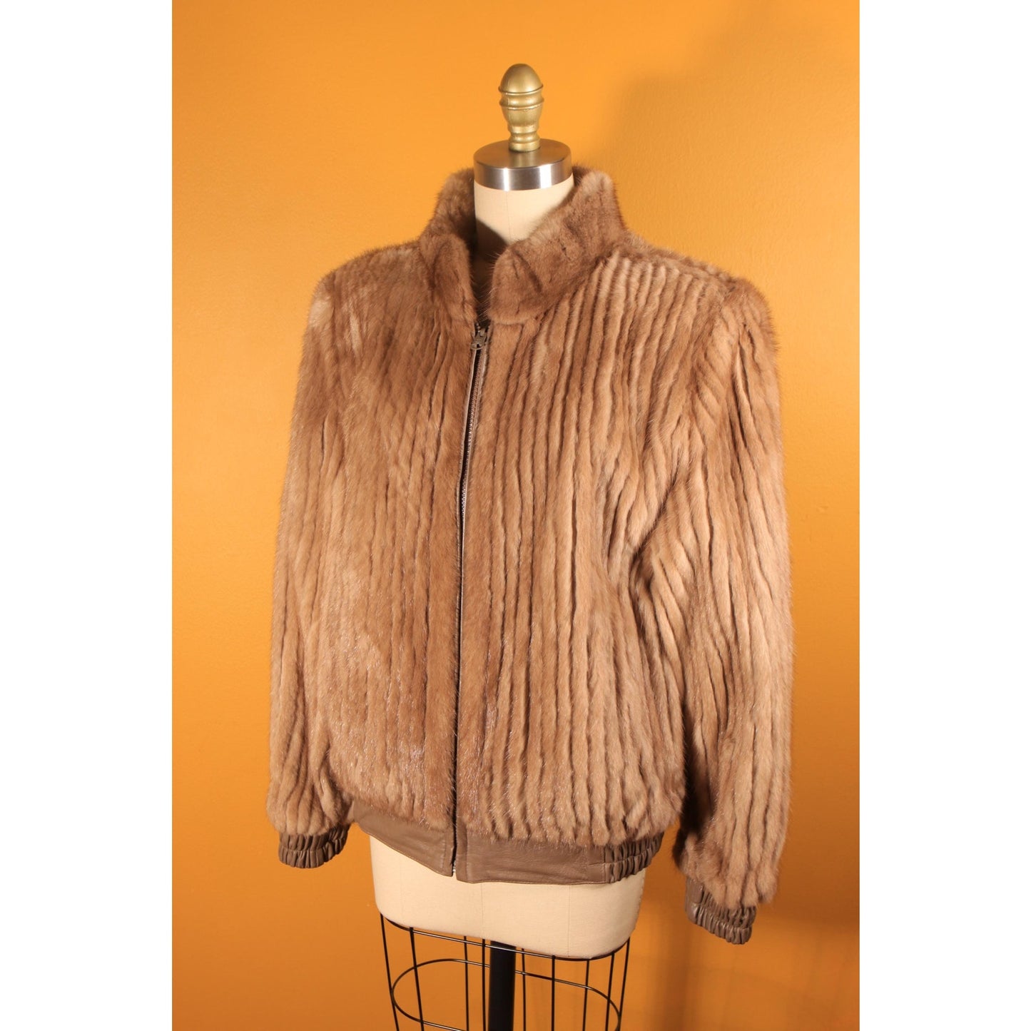 1980s Brown Mink Fur and Tan Leather Reversible Bomber Jacket Coat -M-L