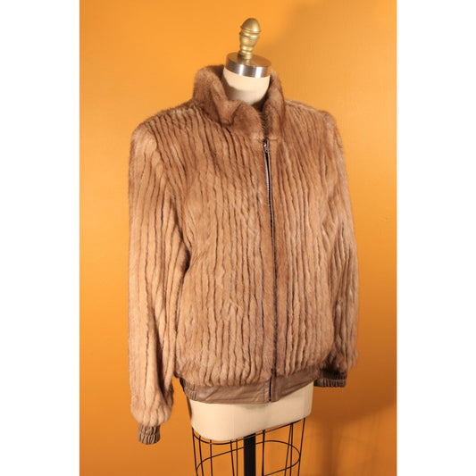 1980s Brown Mink Fur and Tan Leather Reversible Bomber Jacket Coat -M-L