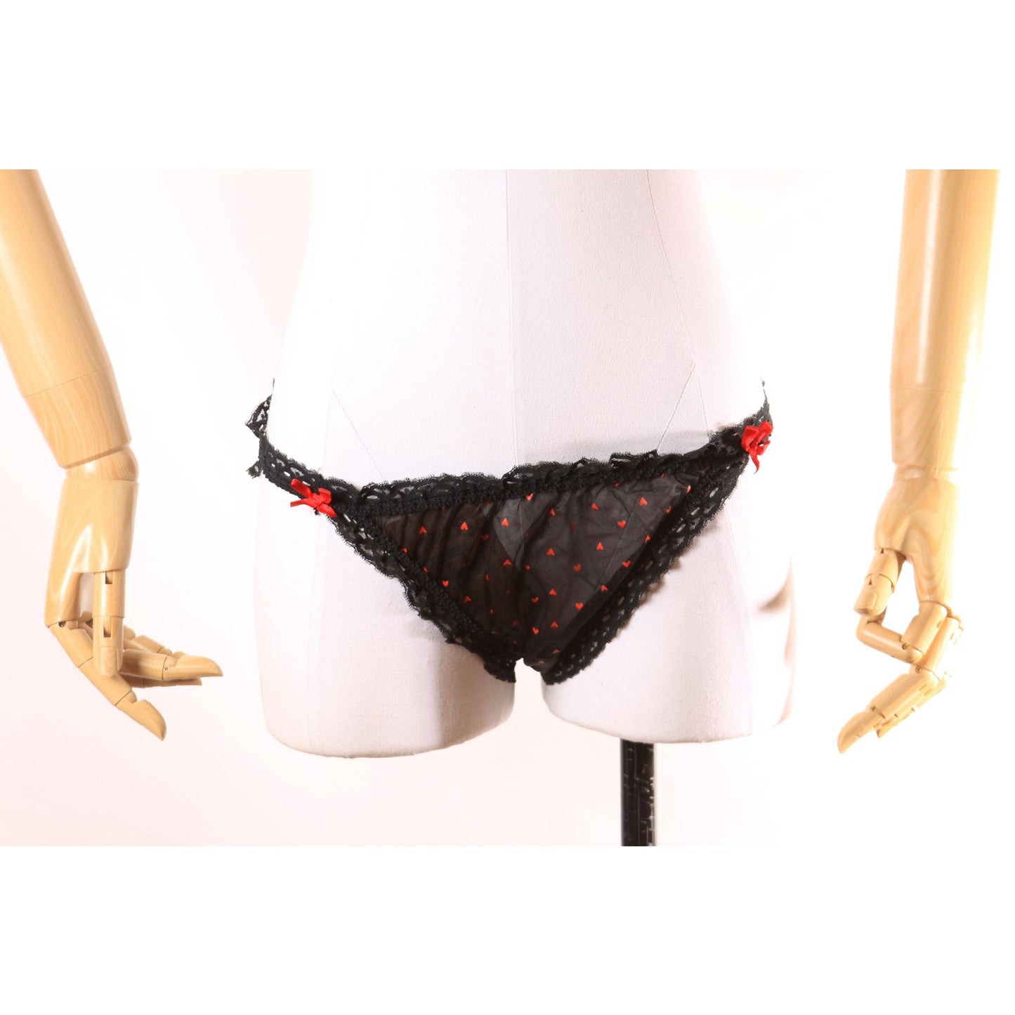 Late 1960s Early 1970s Black and Red Sheer Novelty Heart Print Underwear Panties