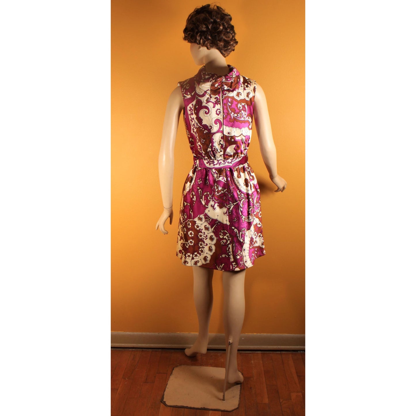1960s Purple, White, Black Brown Psychedelic Swirl Sleeveless Belted Dress with Matching Long Sleeve Jacket Two Piece Outfit by Leo Narducci
