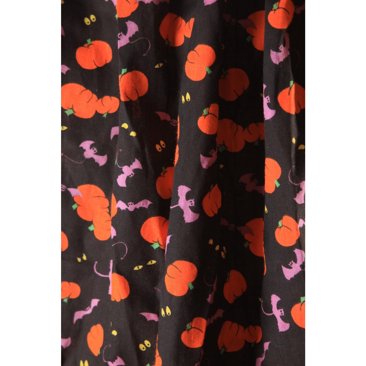 1980s Novelty Halloween Pumpkins and Bats Black, Orange and Purple Short Sleeve Square Dance Blouse