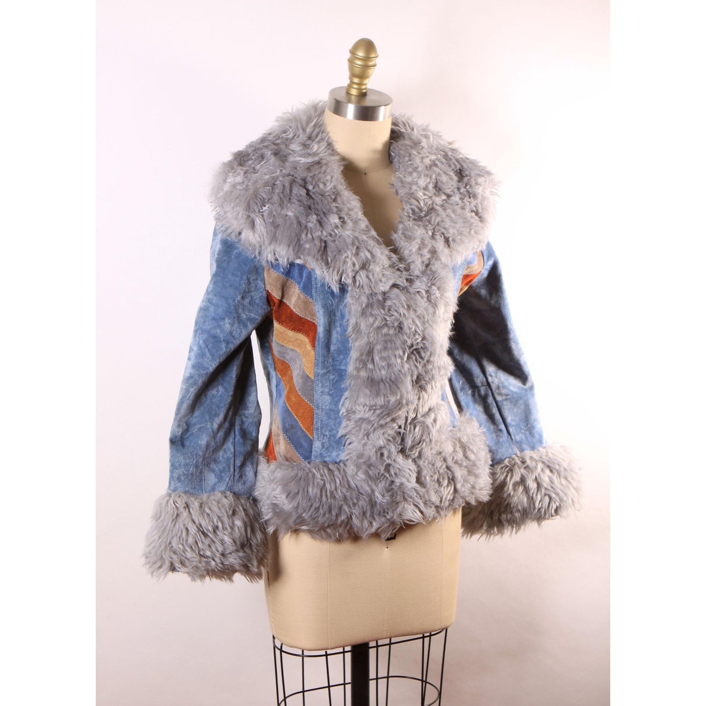 1970s Blue, Brown and Tan Velveteen Striped Faux Fur Trim Waist Length Penny Lane Coat