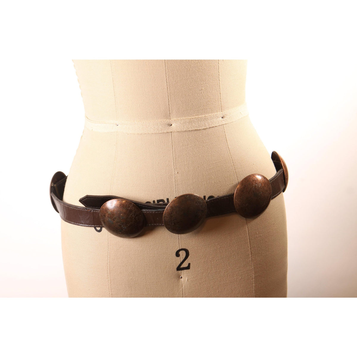 1980s Dark Brown Leather and Brass Copper Metal Tone Concho Circle Chunky Belt by R.J. Graziano