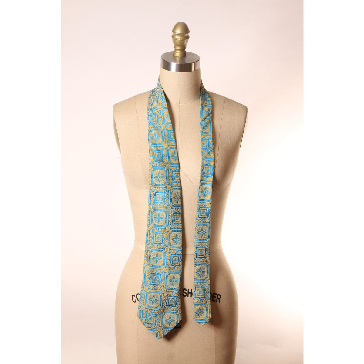 1970s Turquoise Blue and Yellow Patterned Wide Necktie Tie by Towncraft JCPenney