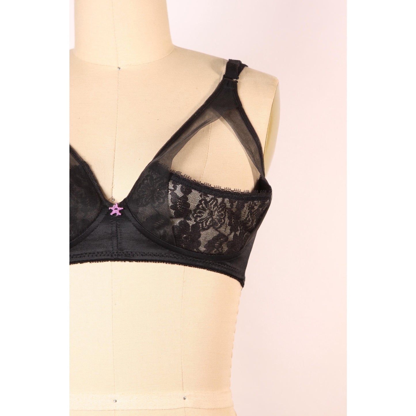 1970s Black Open Cup Sheer Floral Lace Trim Pink Star Detail Shelf Bra by Fredericks of Hollywood-38