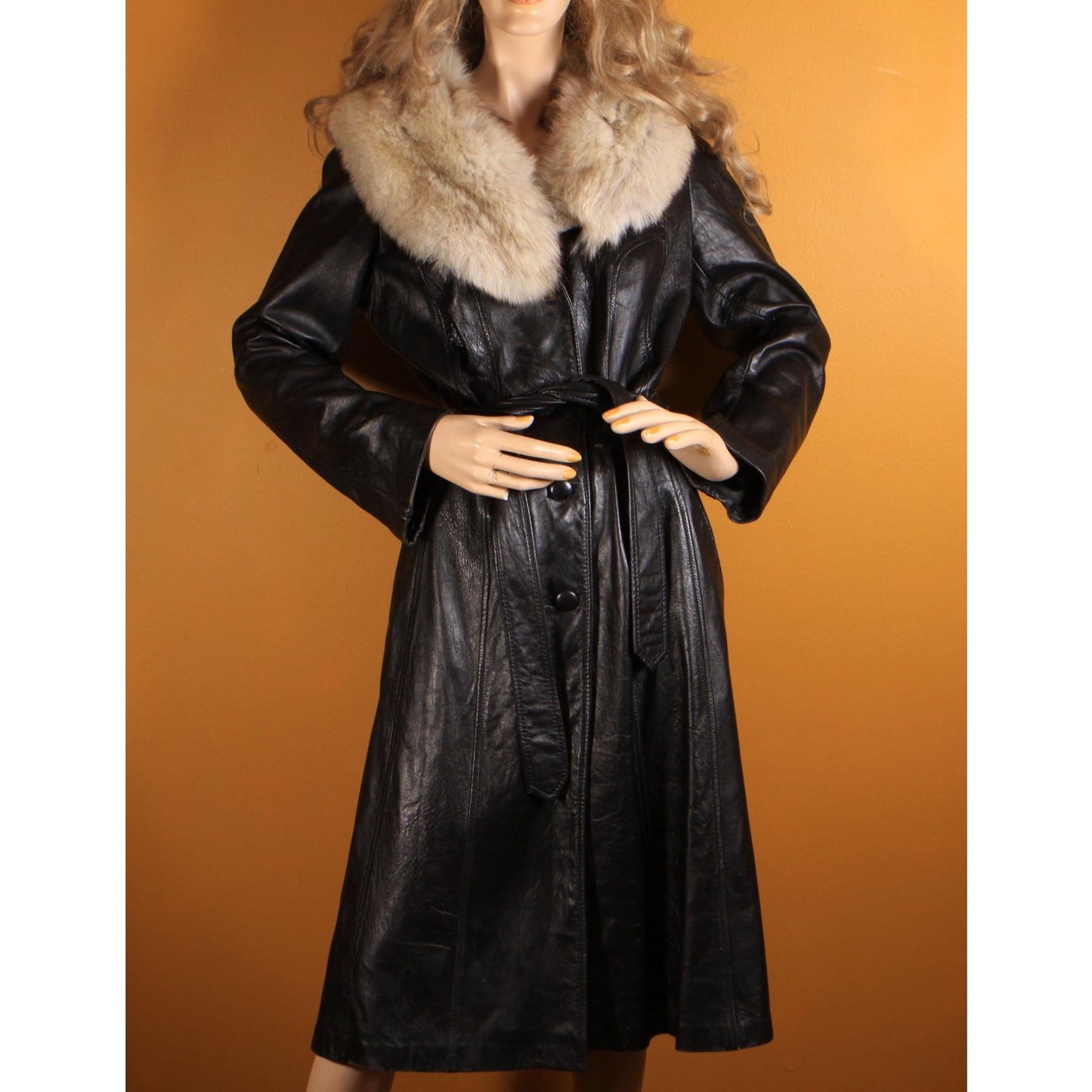 1970s Black Leather Long Sleeve Fox Fur Collar Trench Coat by Imperial -M-L