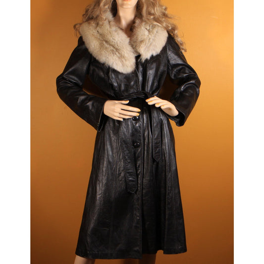 1970s Black Leather Long Sleeve Fox Fur Collar Trench Coat by Imperial -M-L