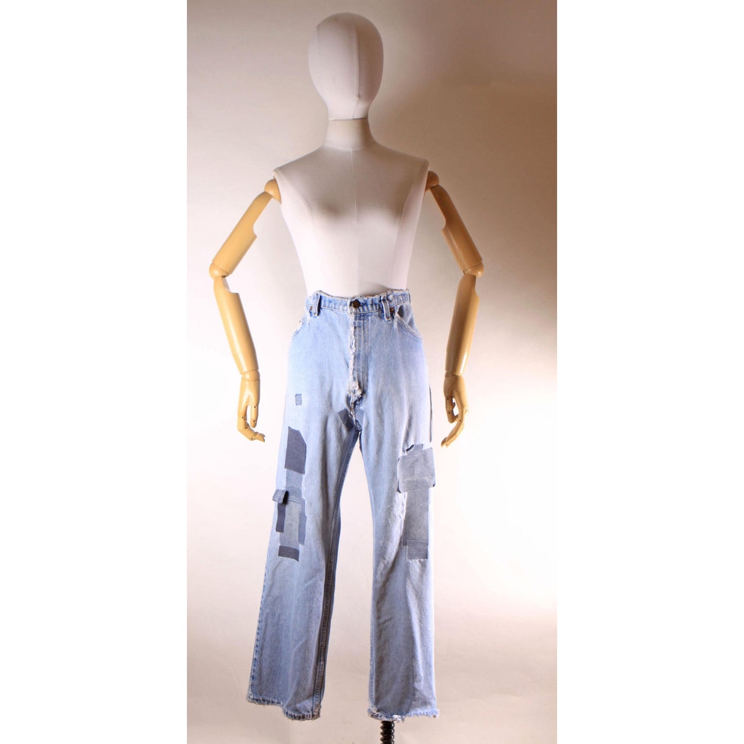 1980s Distressed Patch Fraying Blue Denim Orange Tab 517 Jeans by Levi's -38x30