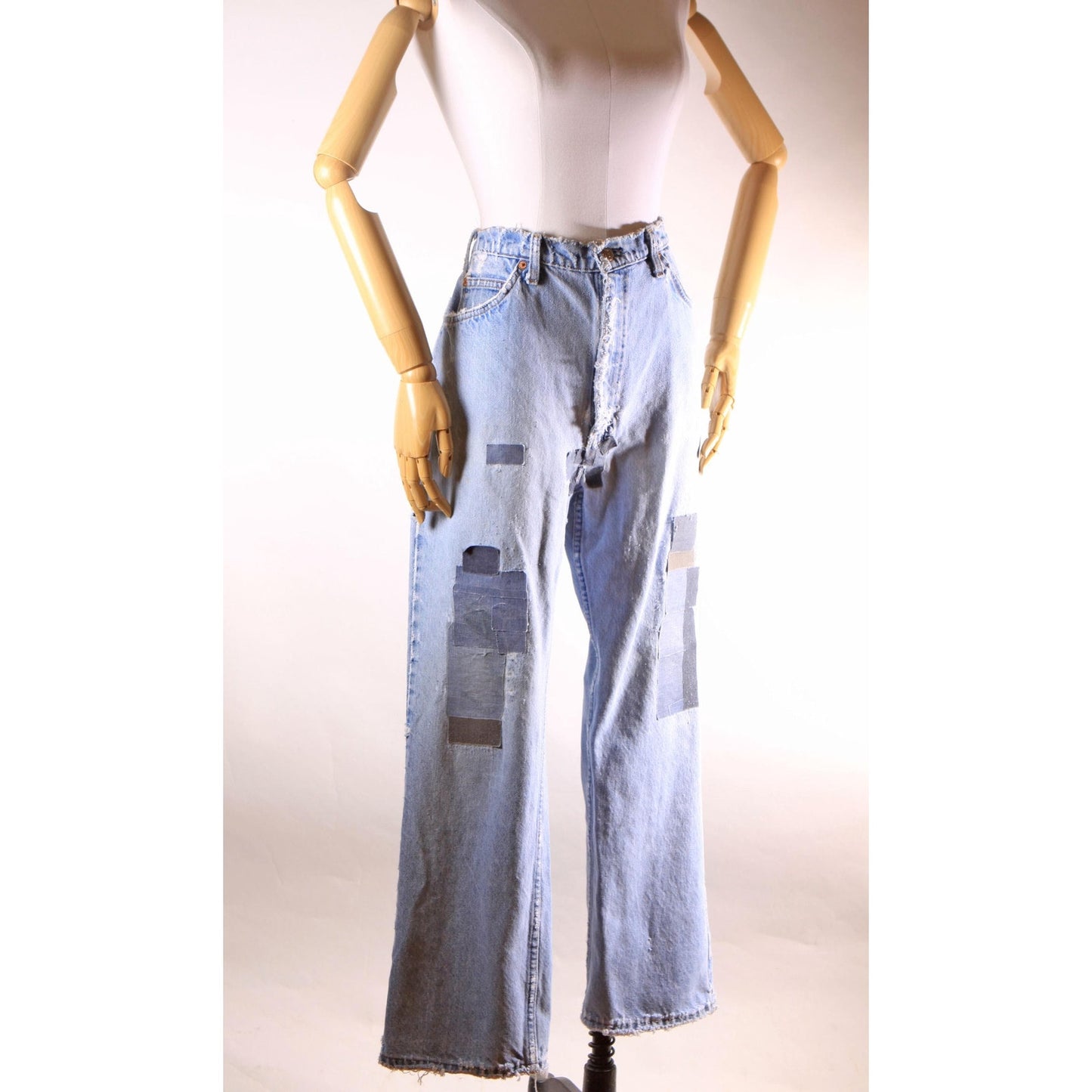 1980s Distressed Patch Fraying Blue Denim Orange Tab 517 Jeans by Levi's -38x30