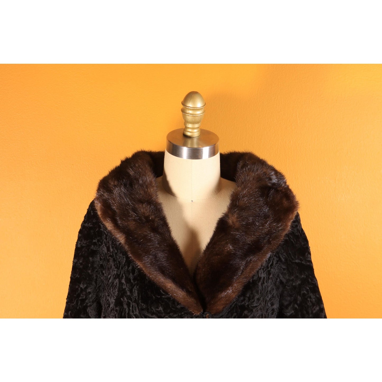 1950s Black Persian Lamb and Brown Mink Fur Trim Coat by Parker -M-L