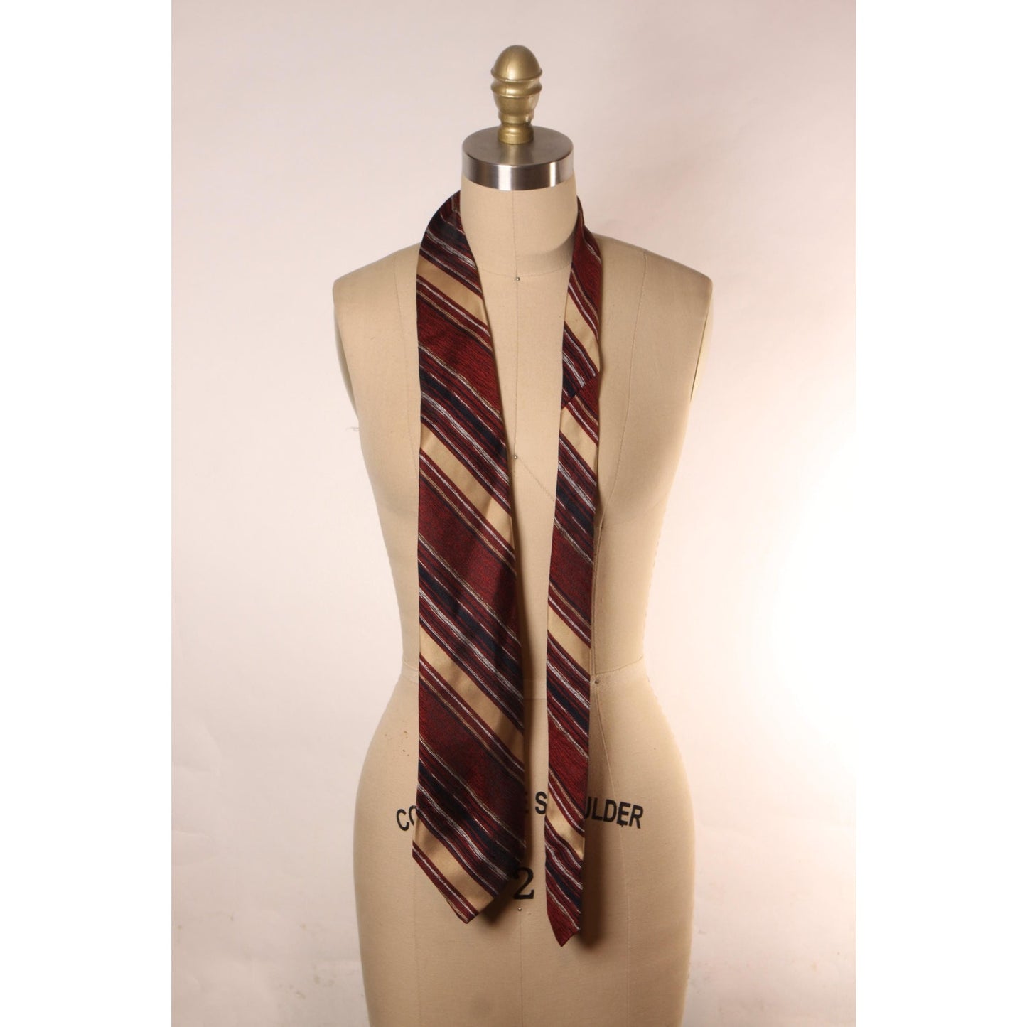 1970s Burgundy, Blue and Tan Striped Wide Necktie Tie by Carriage Cravats