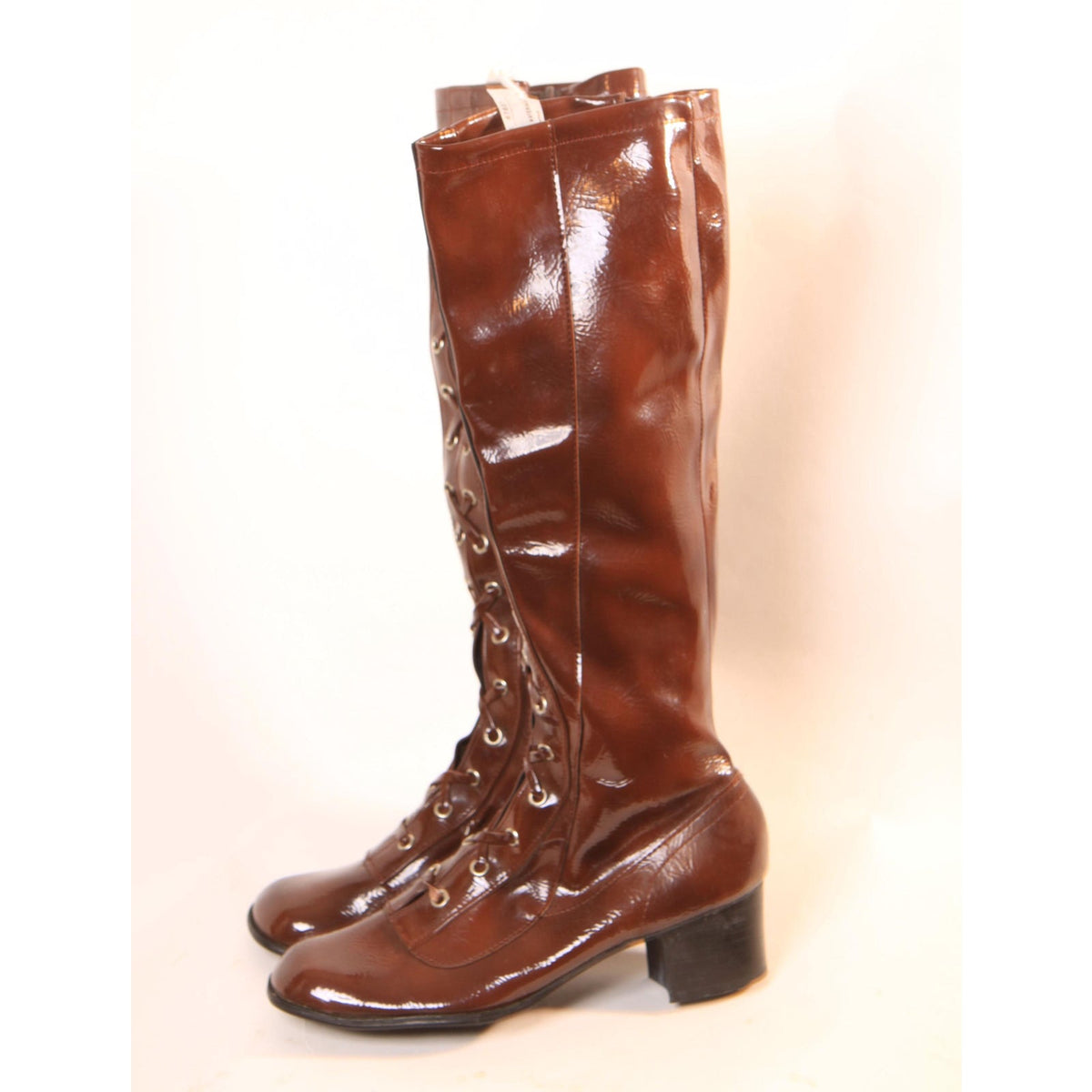 Deadstock 1960s Brown Vinyl Criss Cross Lace Up Zippered Go Go Boots -Made in Japan -Size 5 and Size 6