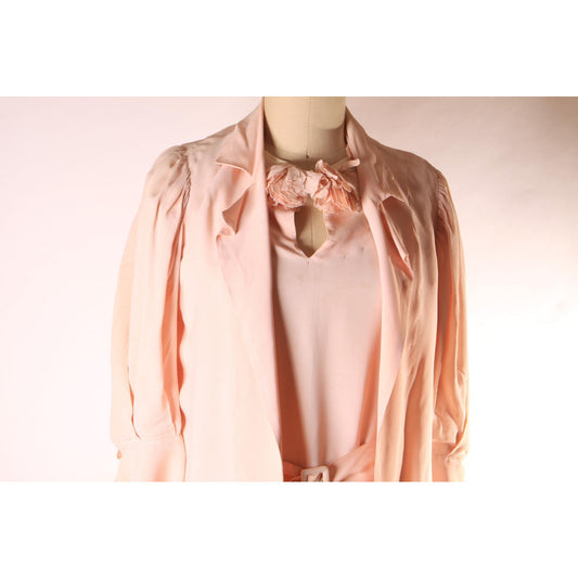 1930s Pale Pink Short Sleeve Flower Detail Belted Dress with Matching 3/4 Length Sleeve Jacket Outfit