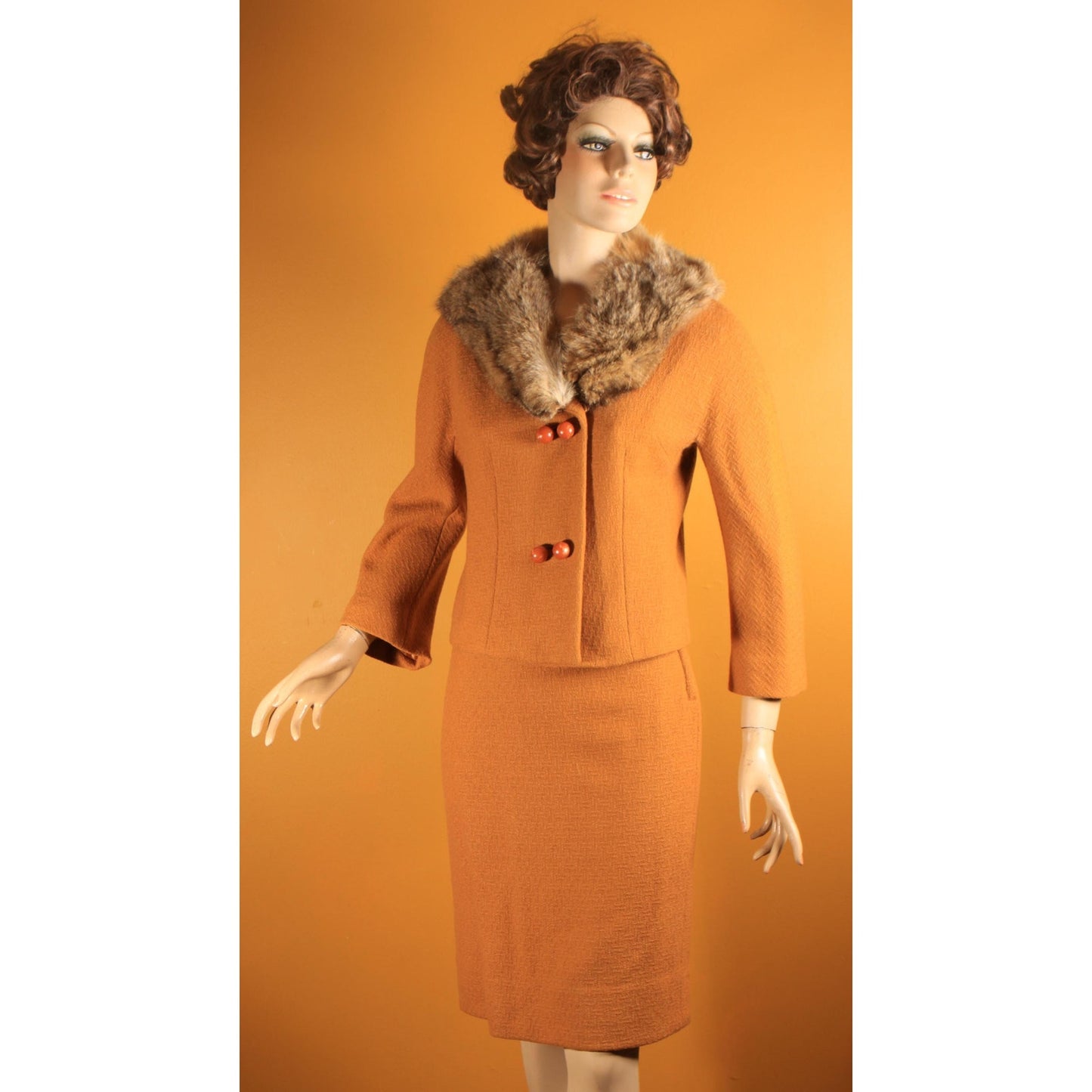 1950s Harvest Gold Yellow Bracelet Sleeve Fox Fur Collar Jacket and Pencil Skirt Two Piece Suit Outfit -XS