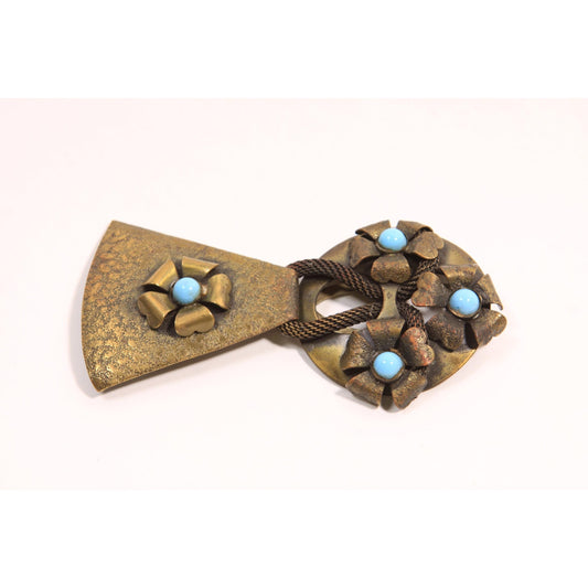Antique 1900s 1910s Art Nouveau Edwardian Bronze and Turquoise Blue Metal Belt Buckle Clasp