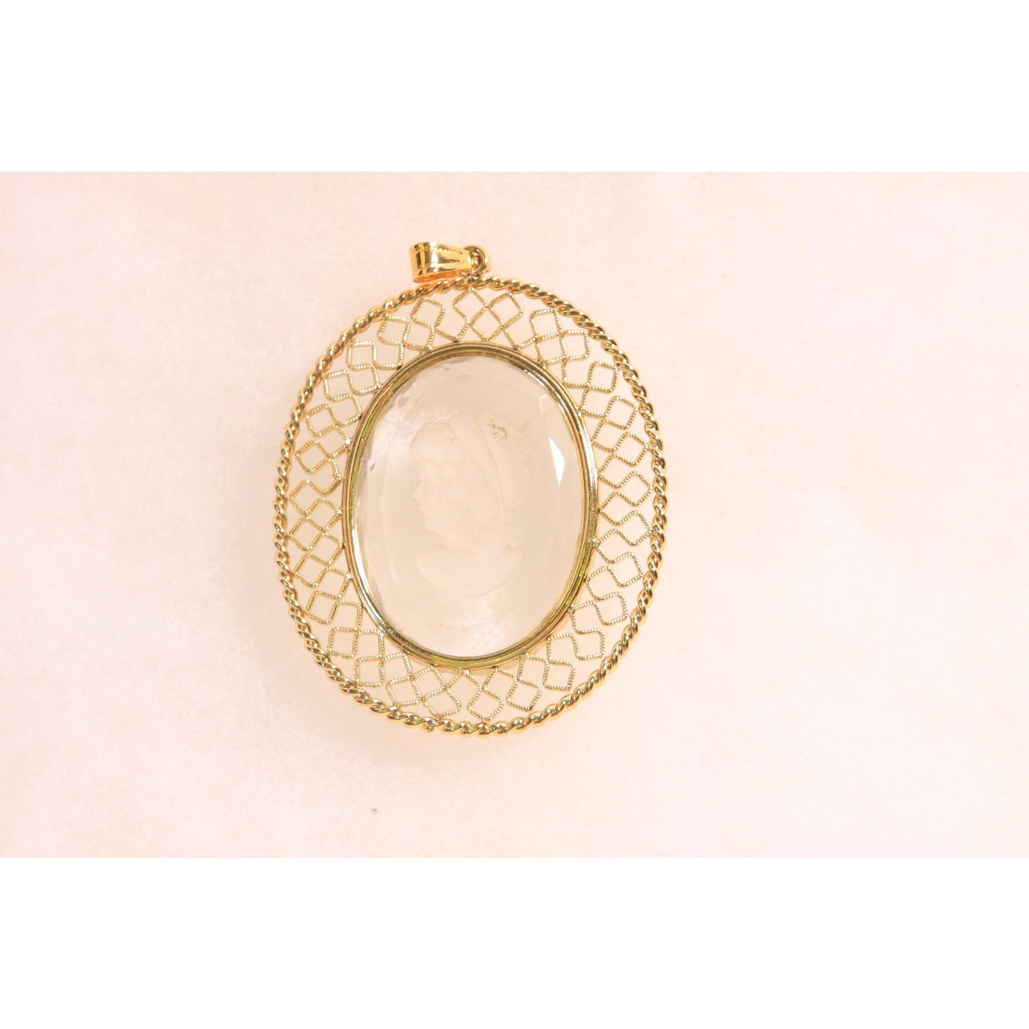 1950s 1960s Gold Tone Metal and Clear Glass Etched Cameo Necklace Pendant