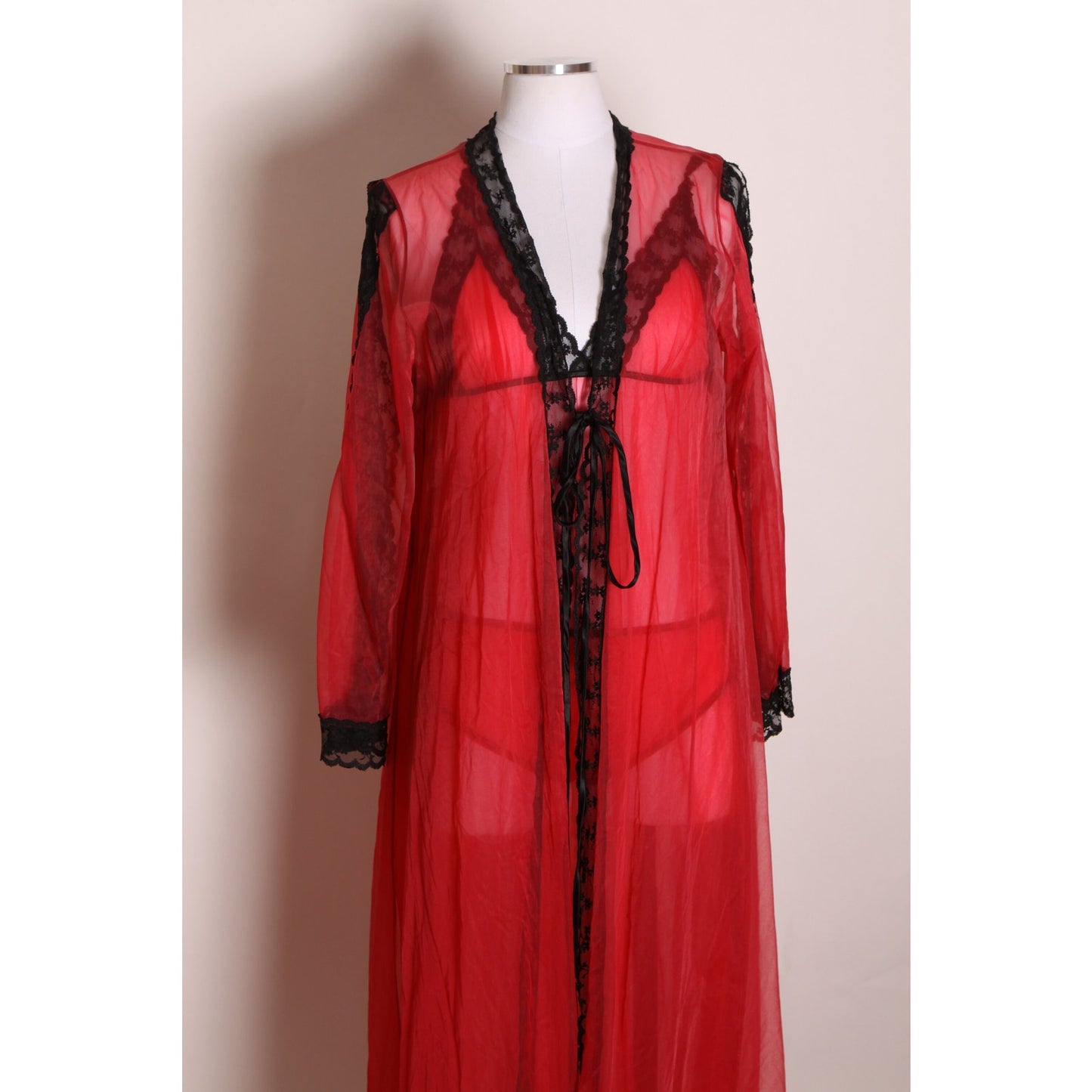 1960s Red and Black Lingerie Open Side Night Gown with Matching Panties and Open Sleeve Robe Lingerie Set -S