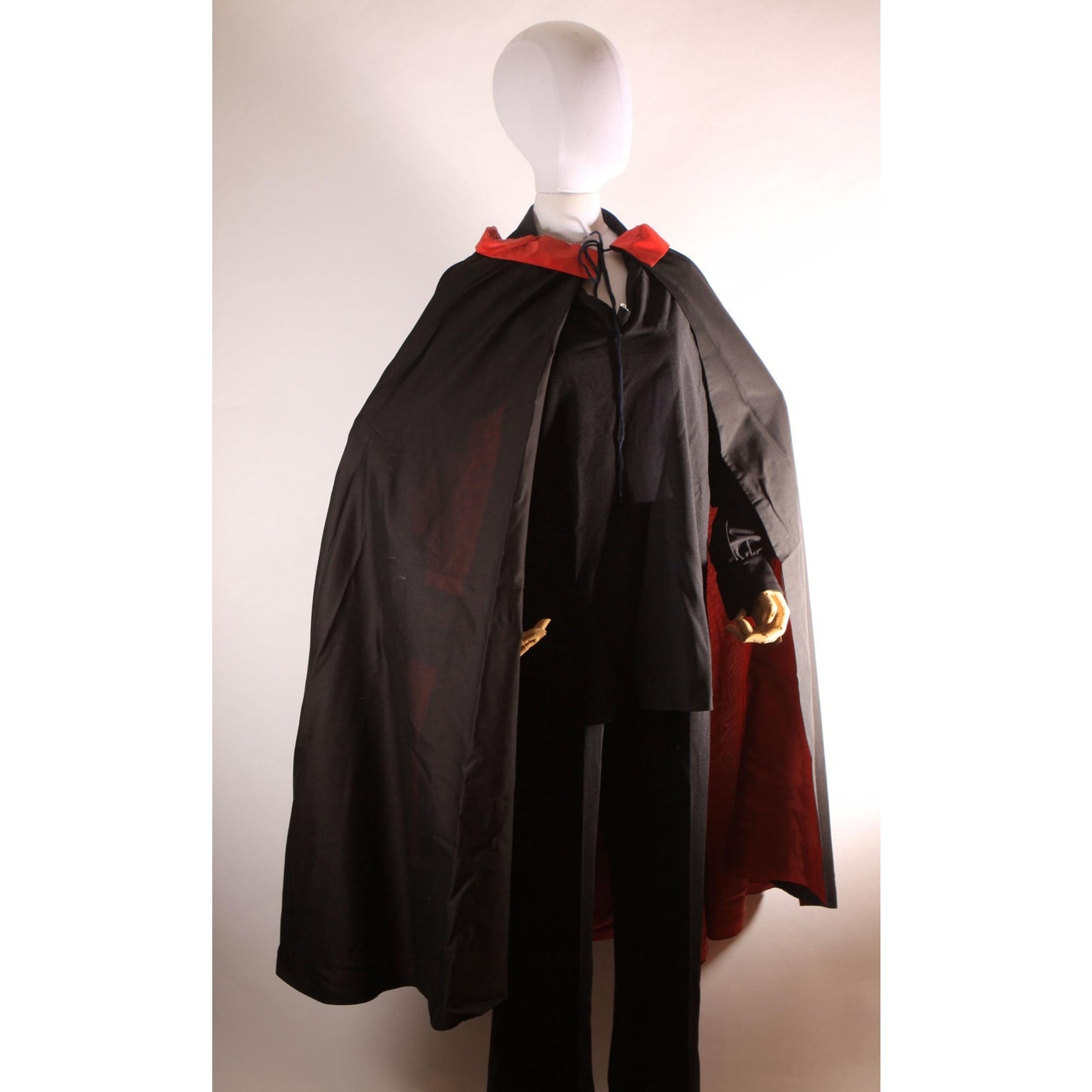 1970s Black and Red Three Piece Dagger Collar Blouse, Pants and Dracula Vampire Cape Halloween Costume -L