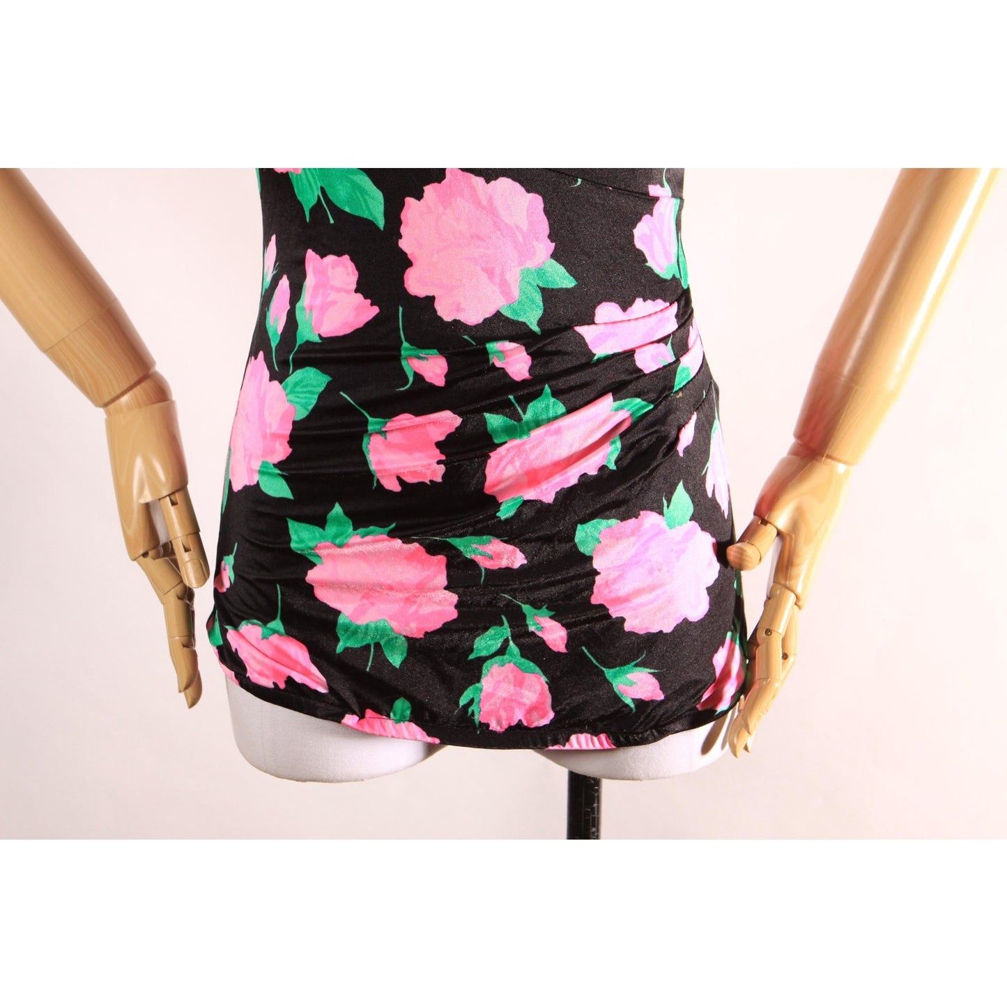 1970s 1980s Black, Pink and Green Floral One Piece Swimsuit by Maxine of Hollywood -M-L