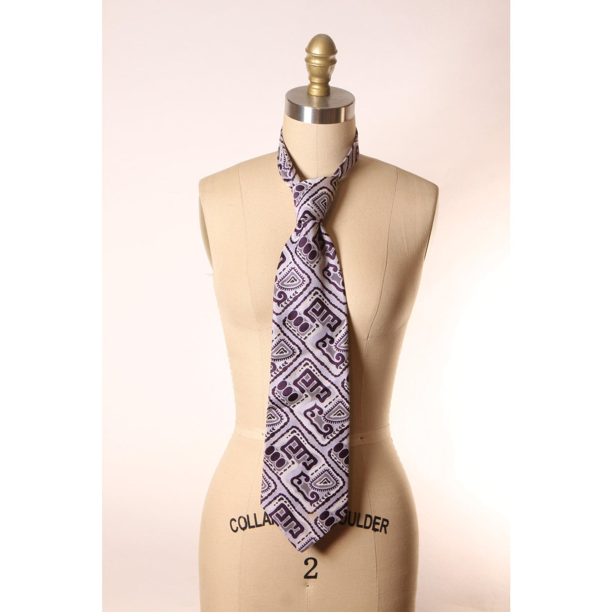 1970a Dark Plum Purple and Gray Abstract Patterned Wide Necktie Tie by Brittania