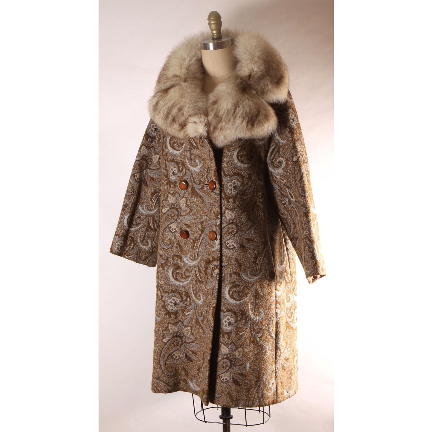 1960s Brown and Blue Gray Swirl Paisley Tapestry Fox Fur Collar Carpet Coat