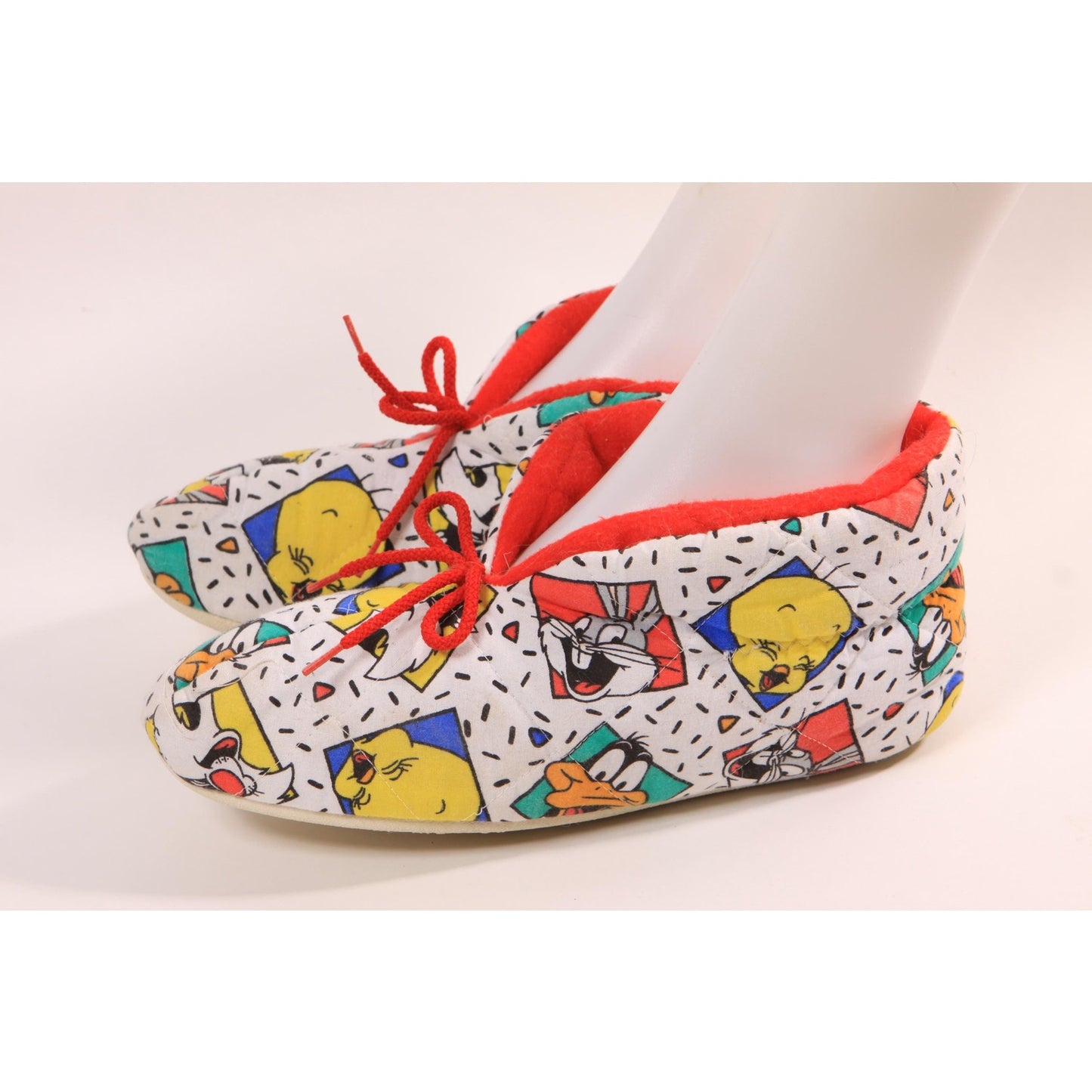 1980s 1990s Novelty Looney Toons Bugs Bunny Tweety Unisex Quilted Slippers -Size 8-9