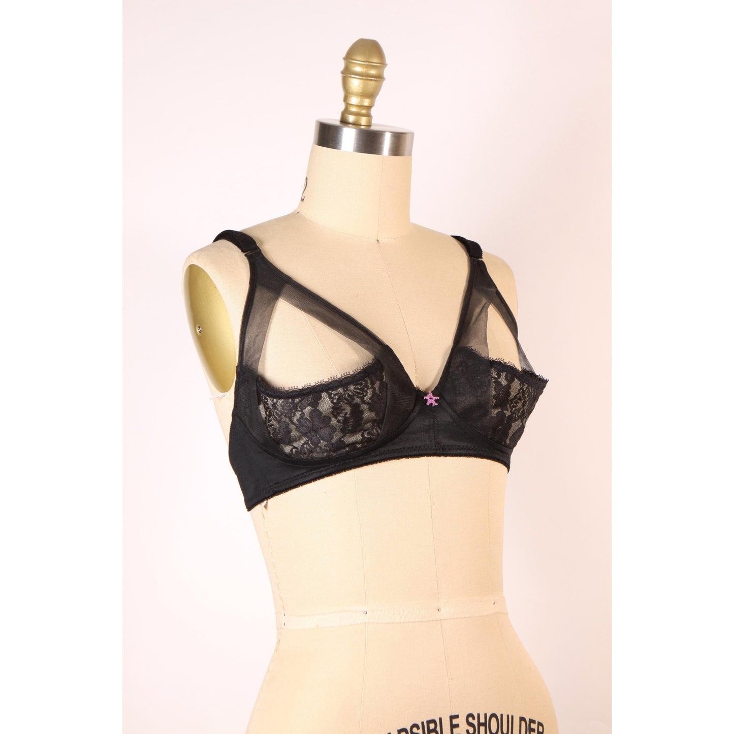 1970s Black Open Cup Sheer Floral Lace Trim Pink Star Detail Shelf Bra by Fredericks of Hollywood-38