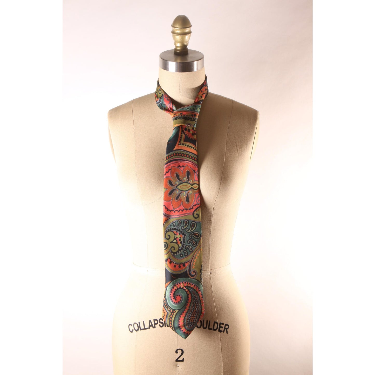 1970s Green, Blue, Pink Multi-Colored Paisley Print Necktie by Antonio Calafatano