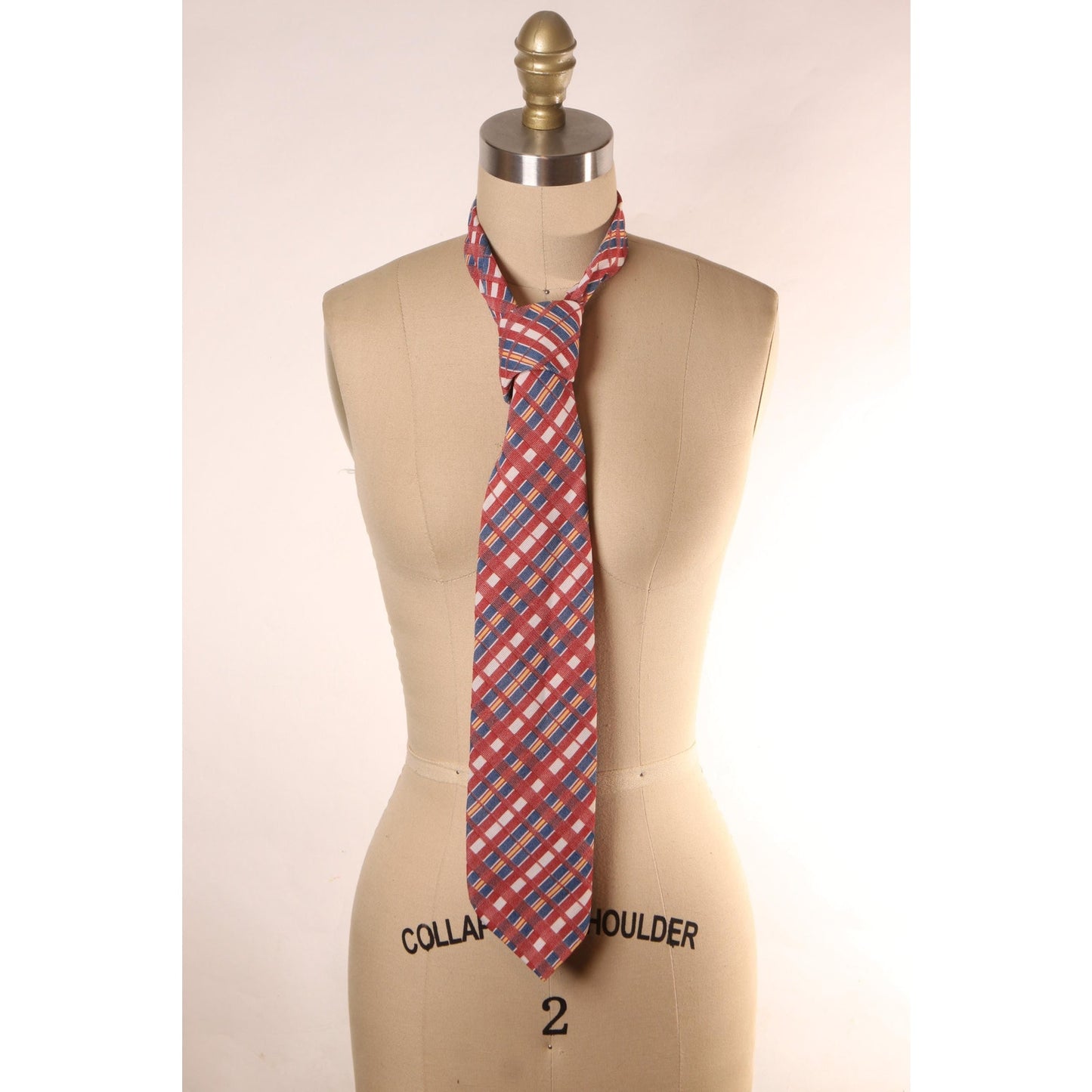 1970s Red, Blue, Yellow and White Plaid Polyester Wide Necktie Tie