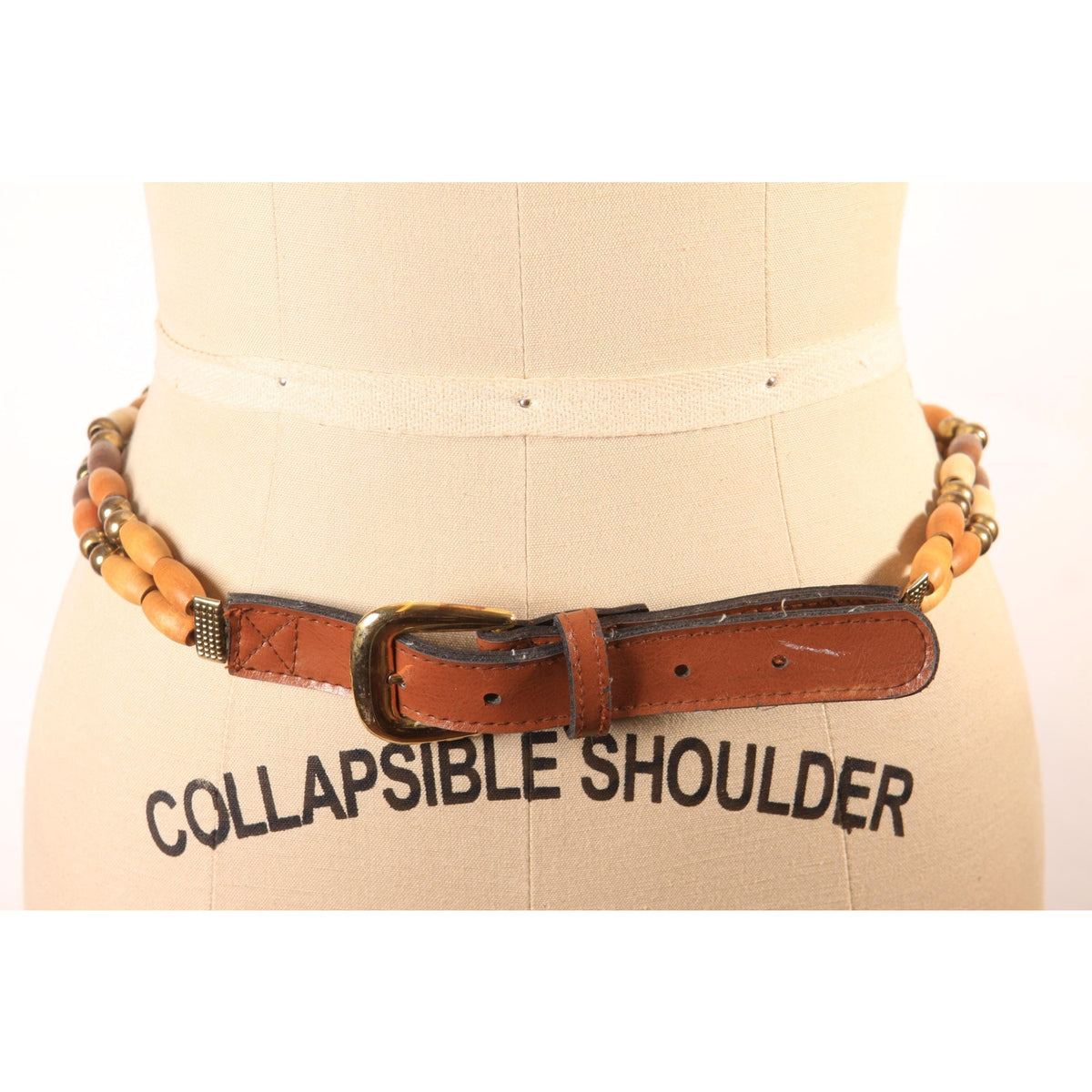 1980s Brown, Tan and Cream Faux Leather Wood Beaded Chain Belt