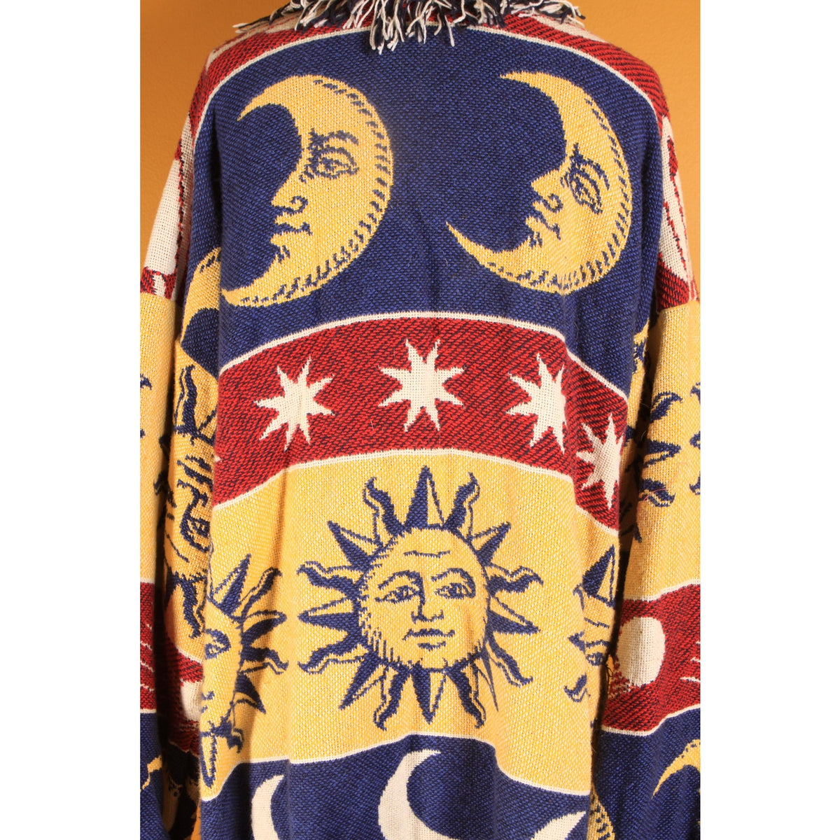 1990s Navy Blue, Yellow, Red and White Novelty Celestial Sun, Moon and Stars Fringe Tapestry Quilt Blanket Jacket Coat -M-XL