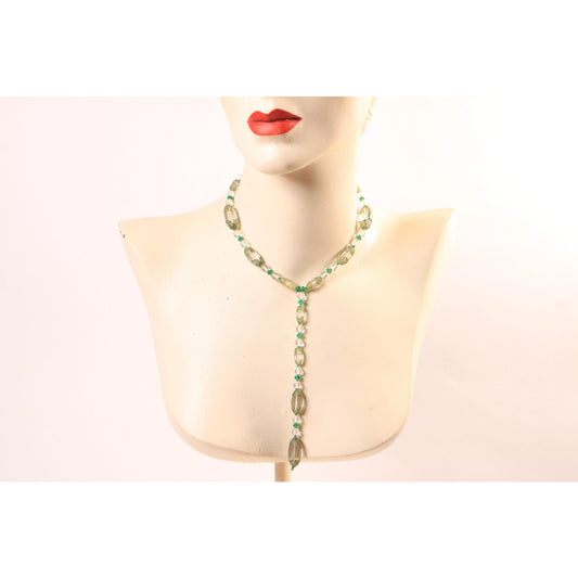 1930s Clear Glass and Green Floral Etched Art Deco Drop Chain Necklace