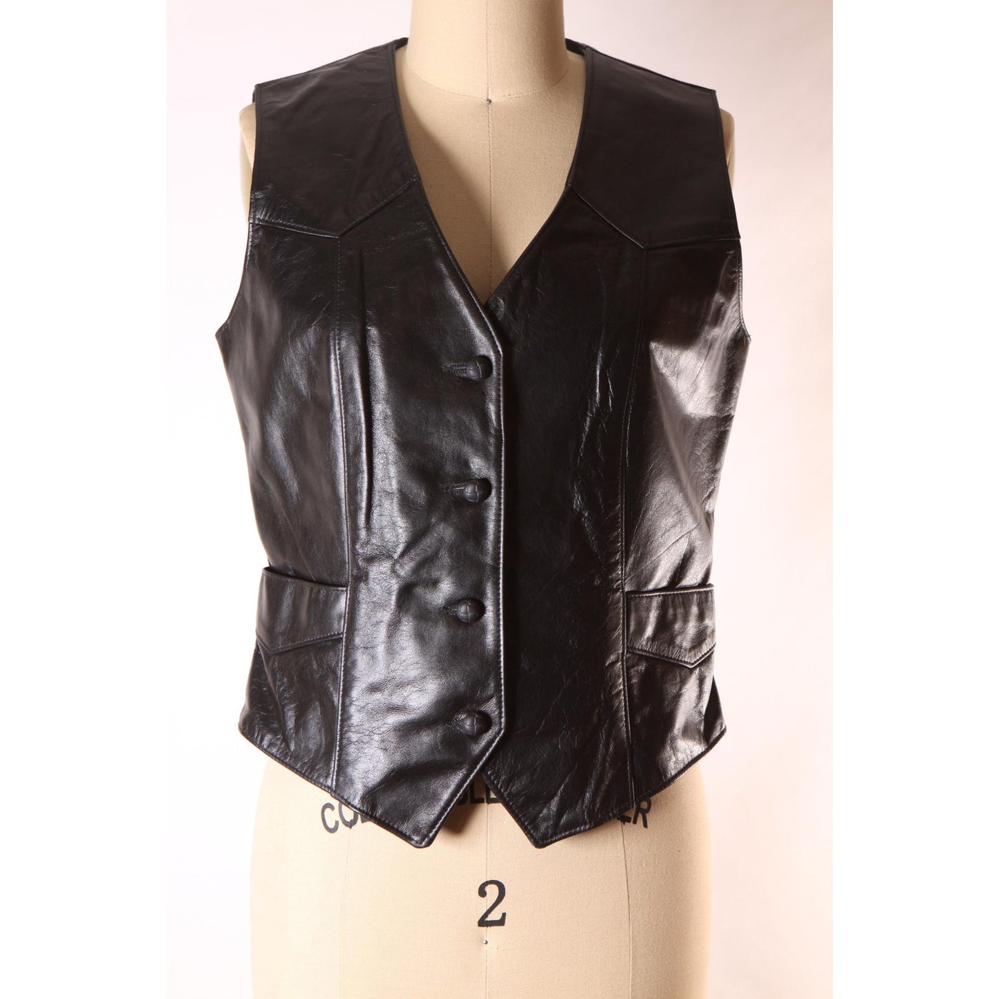 1970s Black Leather Button Down Pocketed Western Vest by Tony Lama -S-M