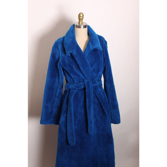 1970s Blue Fuzzy Faux Fur Look Long Sleeve Full Length Robe -M-L