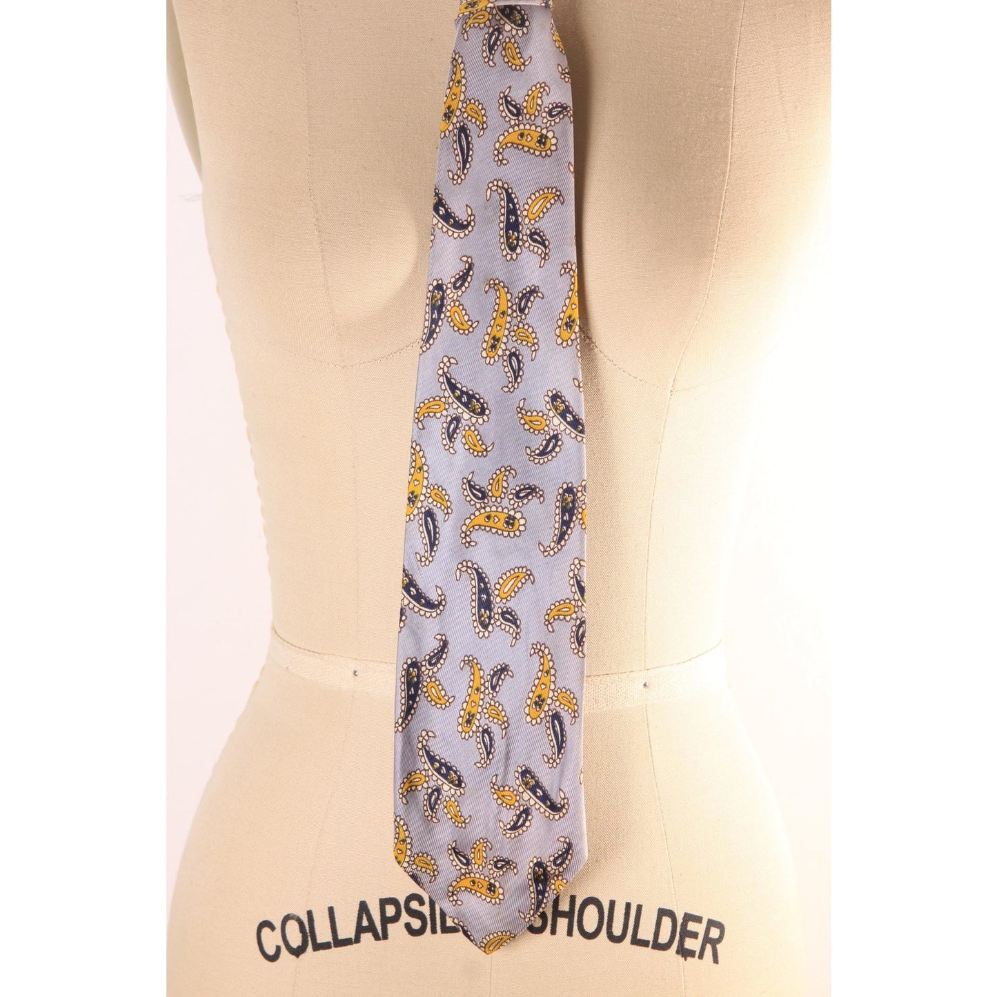 1950s 1960s Gray, Yellow and Navy Blue Paisley Necktie Tie