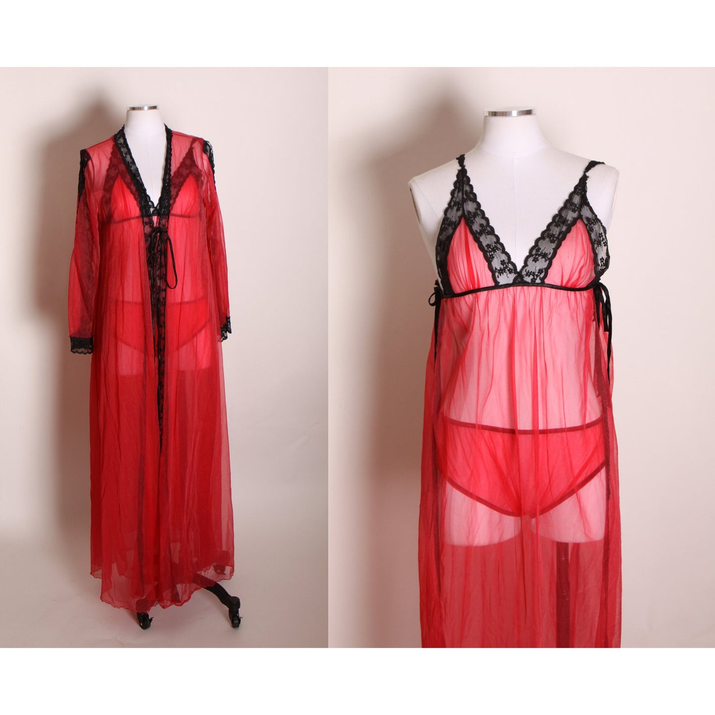 1960s Red and Black Lingerie Open Side Night Gown with Matching Panties and Open Sleeve Robe Lingerie Set -S