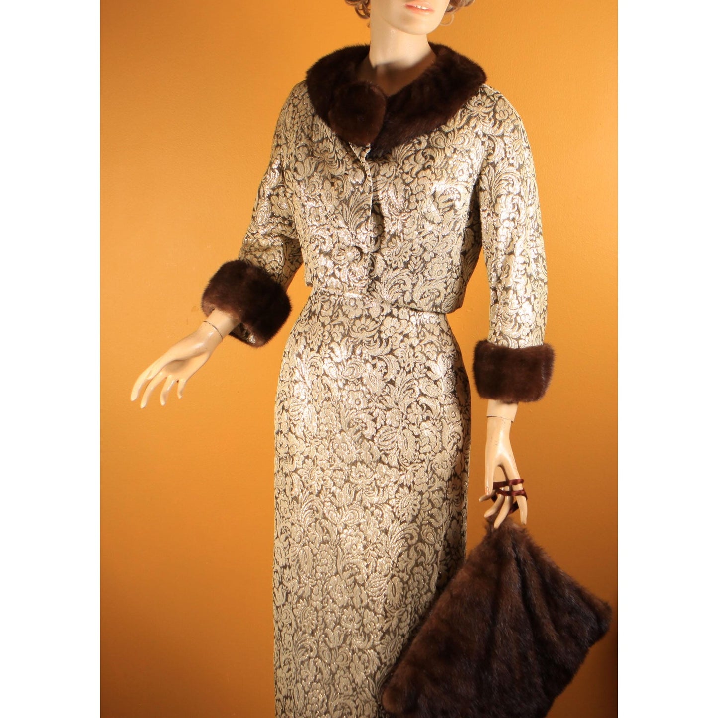 Early 1950s Gold & Brown Lurex Floral Mink Fur Trim Sleeveless Cocktail Dress with Matching Cropped Jacket and Muff by Terry Allen Original