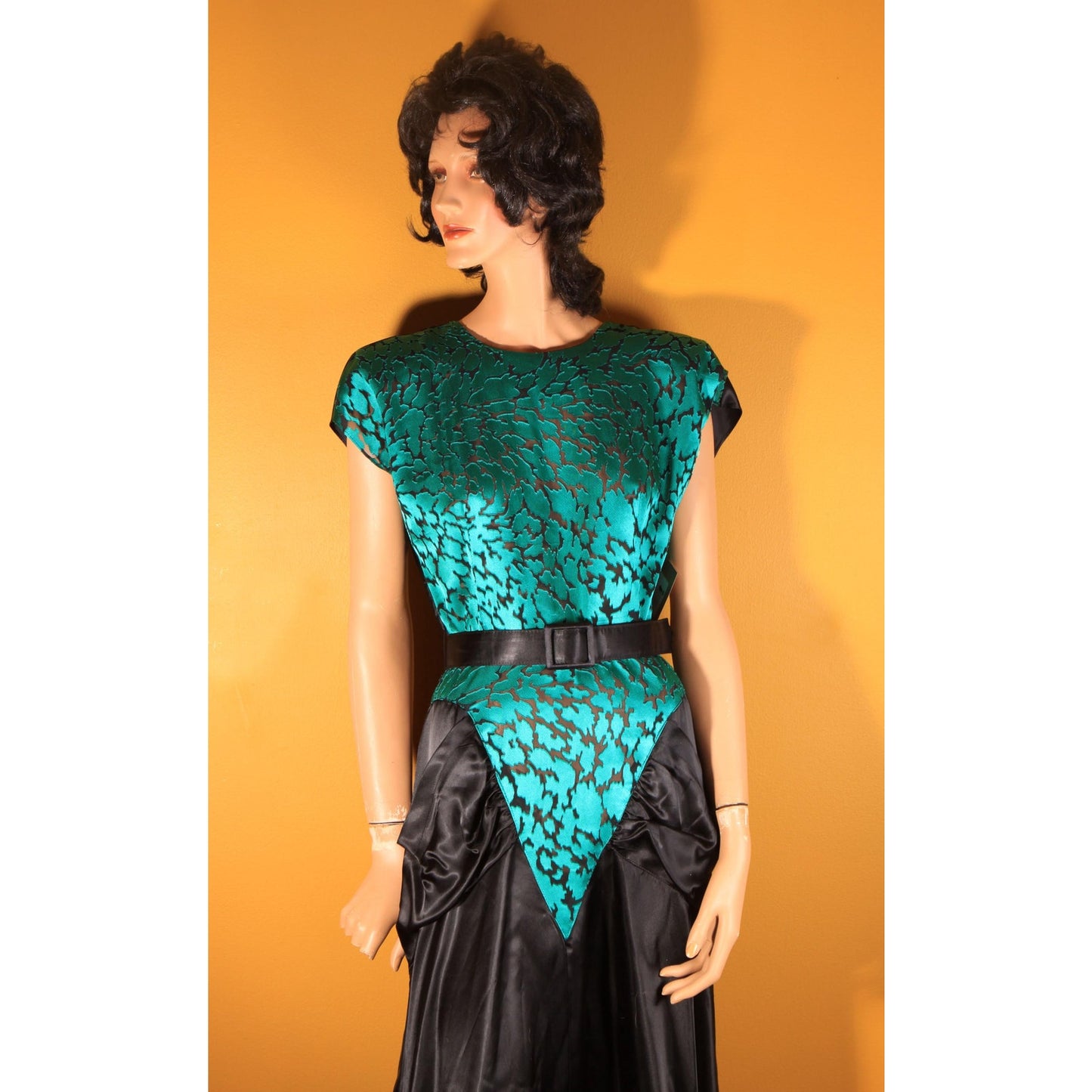 1980s Does 1940s Style Teal Blue Green and Black Sheer Cocktail Dress by Diamond's Run -L
