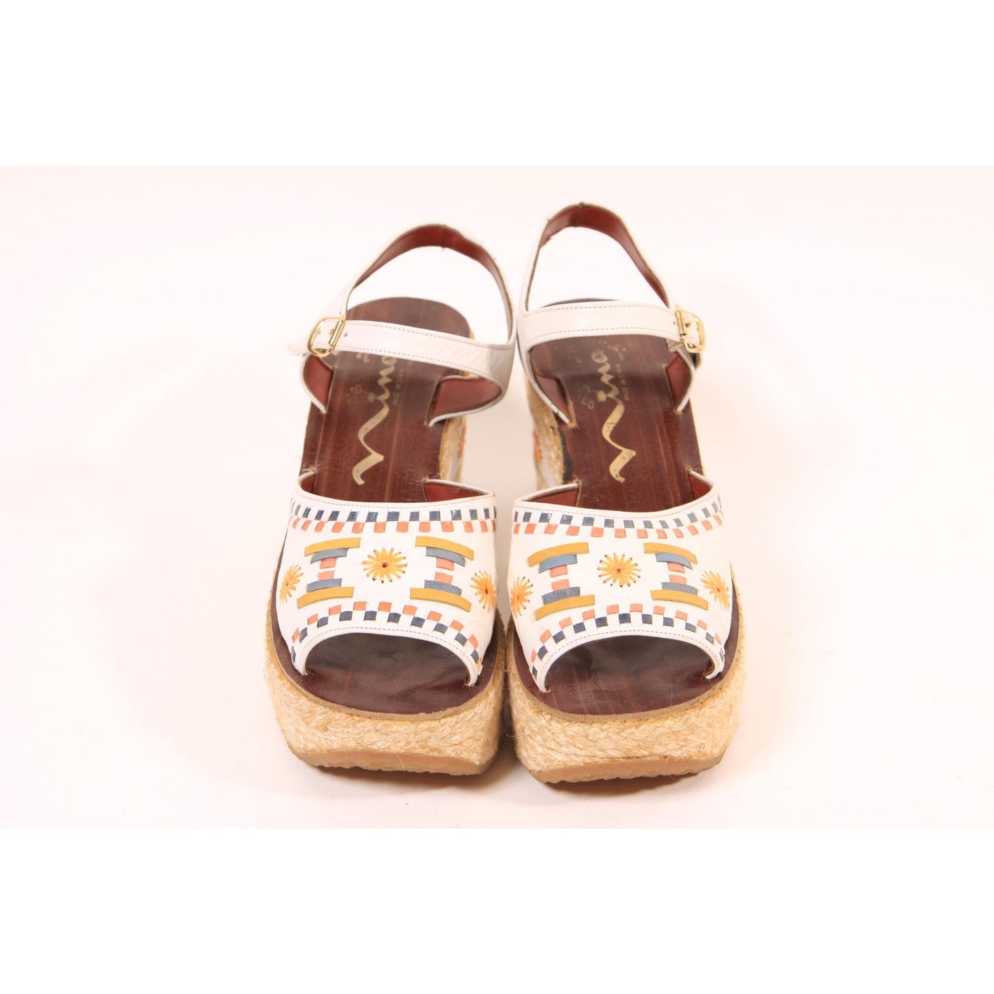 1970s White, Blue, Tan and Yellow Boho Platform High Heel Sandals Shoes by Nina-Size 7 1/2M