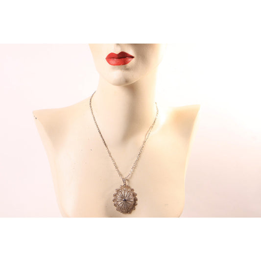 1950s Silver Tone Metal Filigree Indonesian Pendant Necklace
