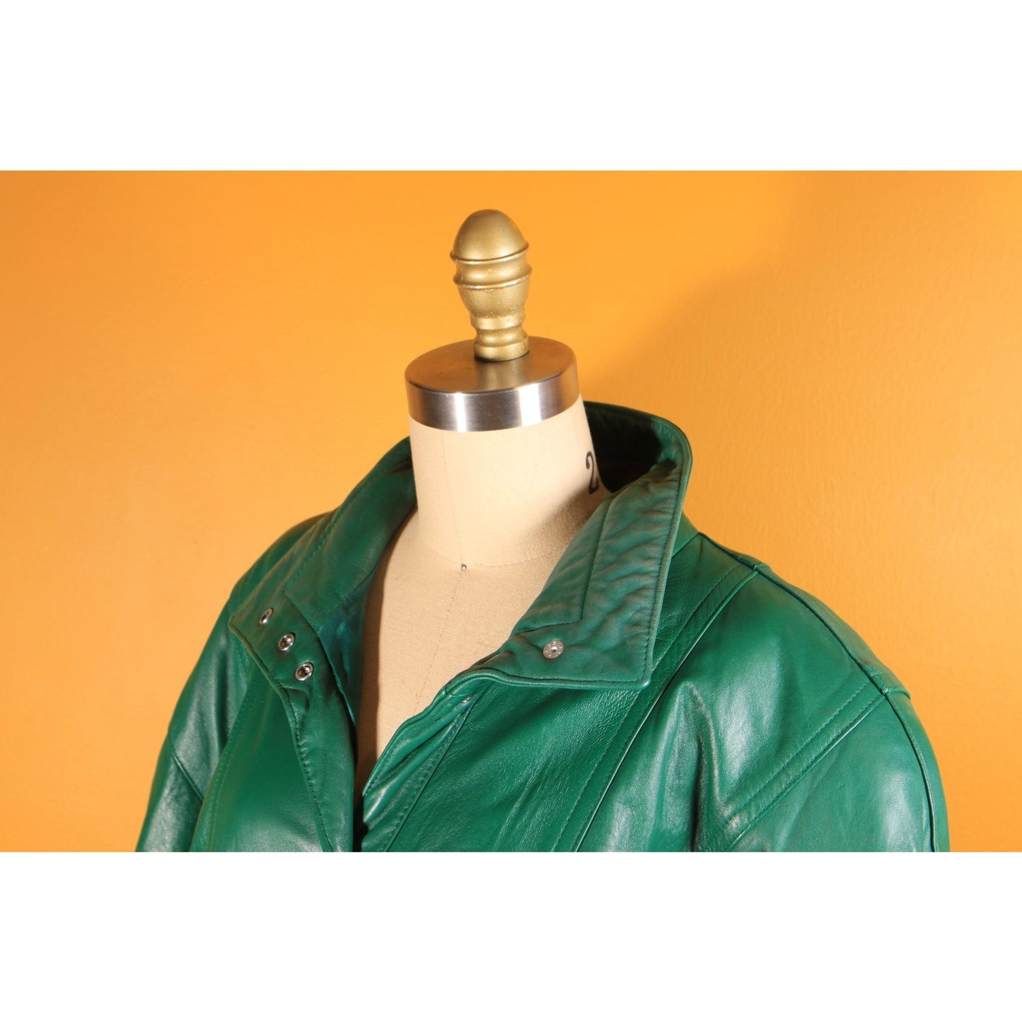 1980s Green Leather Metal Snap 3/4 Length Sleeve Jacket Coat
