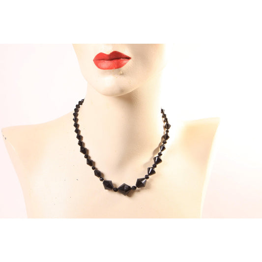 1950s Black Glass Faceted Beaded Necklace